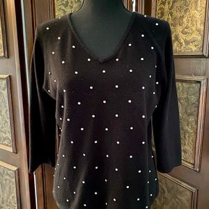 Black Cashmere V-neck Sweater with Rhinestones